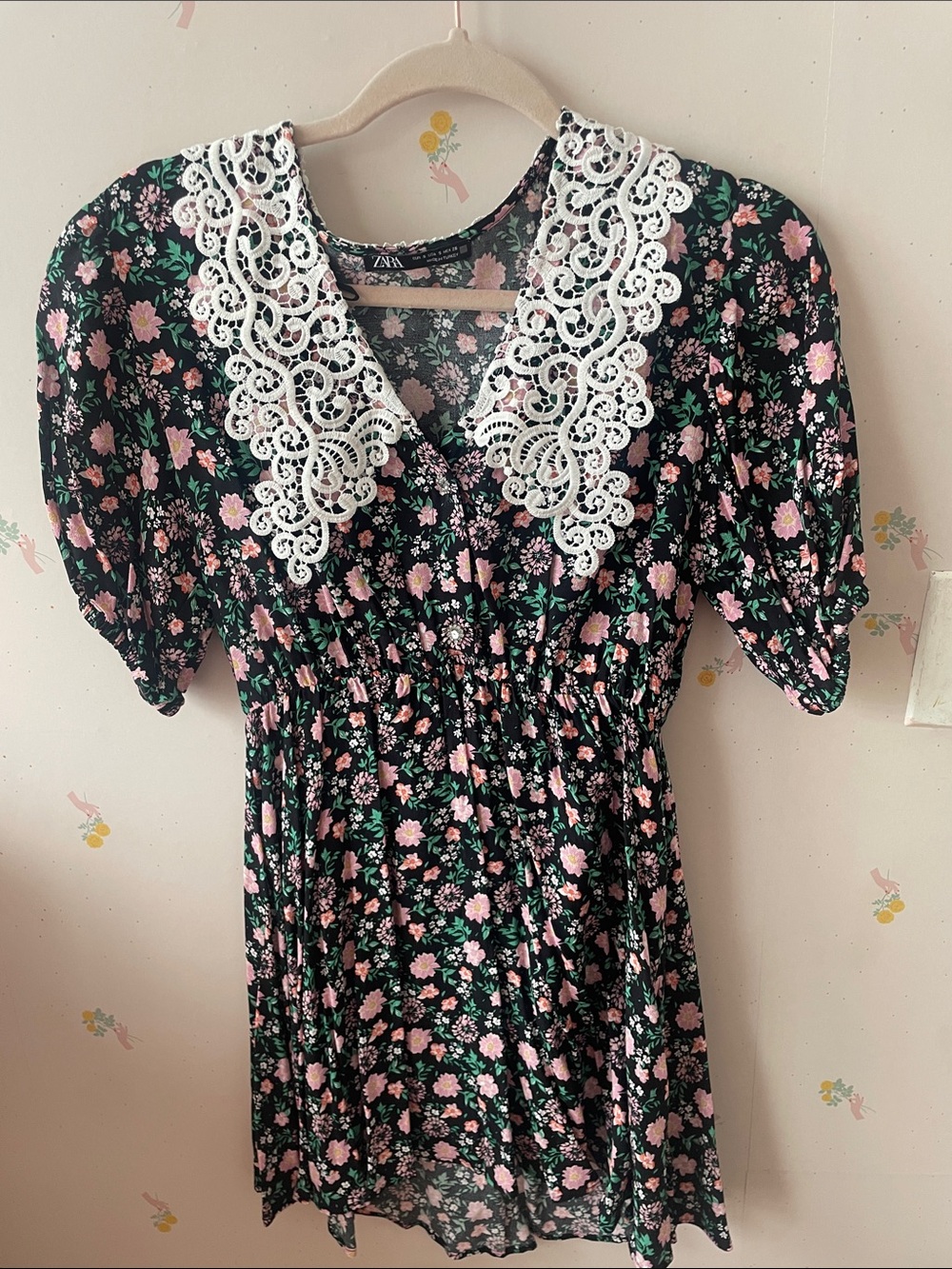 Zara Black Floral Mini Dress with White Crochet Collar